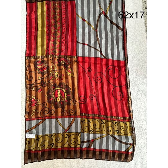 Zetha by Zenith 100% Silk Scarf 62x17 Abstract Pattern Red Gray Lightweight - Picture 4 of 4
